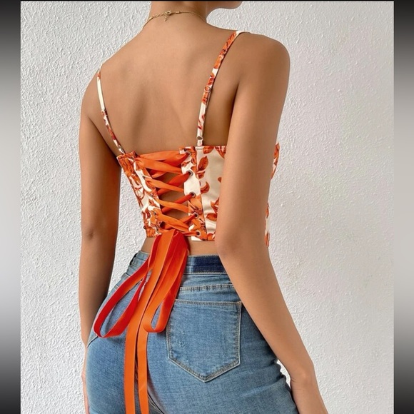 Boho floral print lace up back bustier corset tube satin top - Picture 1 of 16